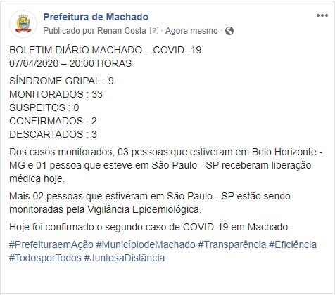 CONFIRMADO 2º CASO DE CORONAVÍRUS EM MACHADO