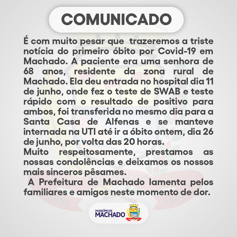 PRIMEIRA VÍTIMA DA COVID-19, EM MACHADO, MORREU EM ALFENAS