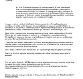 TRE afirma que Julbert foi vítima de ‘fake news’ e ordena retirada de texto de site