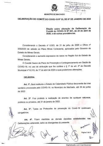COVID-19: Município de Machado institui Estado de Calamidade Pública