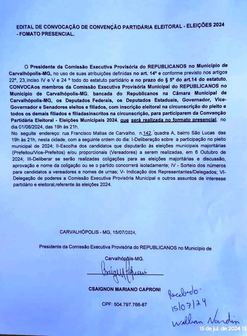 EDITAL DE CONVOCAÇÃO DE CONVENÇÃO PARTIDÁRIA ELEITORAL