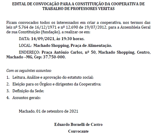 EDITAL DE CONVOCAÇÃO: COOPERATIVA DE TRABALHO DE PROFESSORES VERITAS