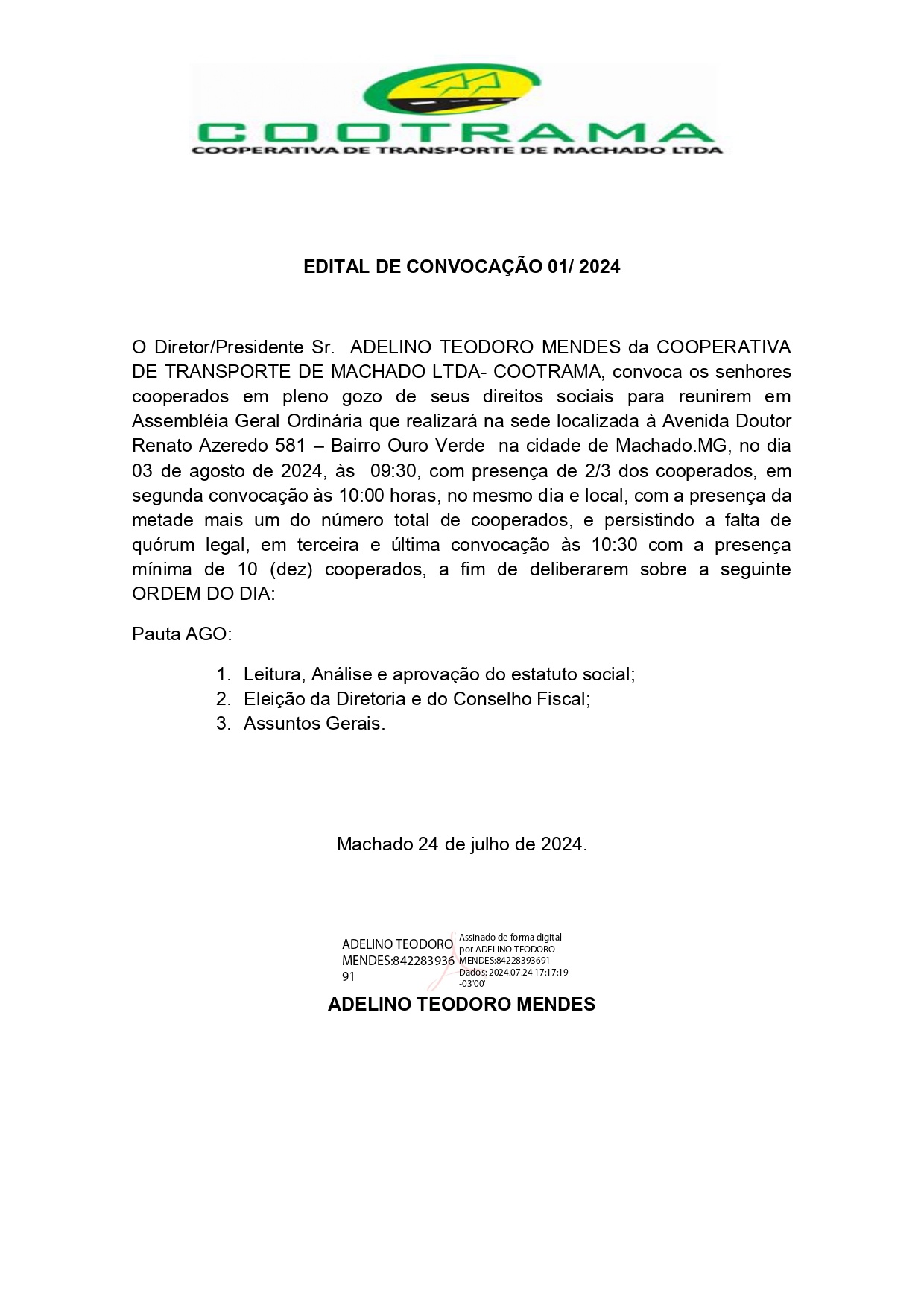 COOTRAMA publica Edital de Convocação para Eleição de Diretoria