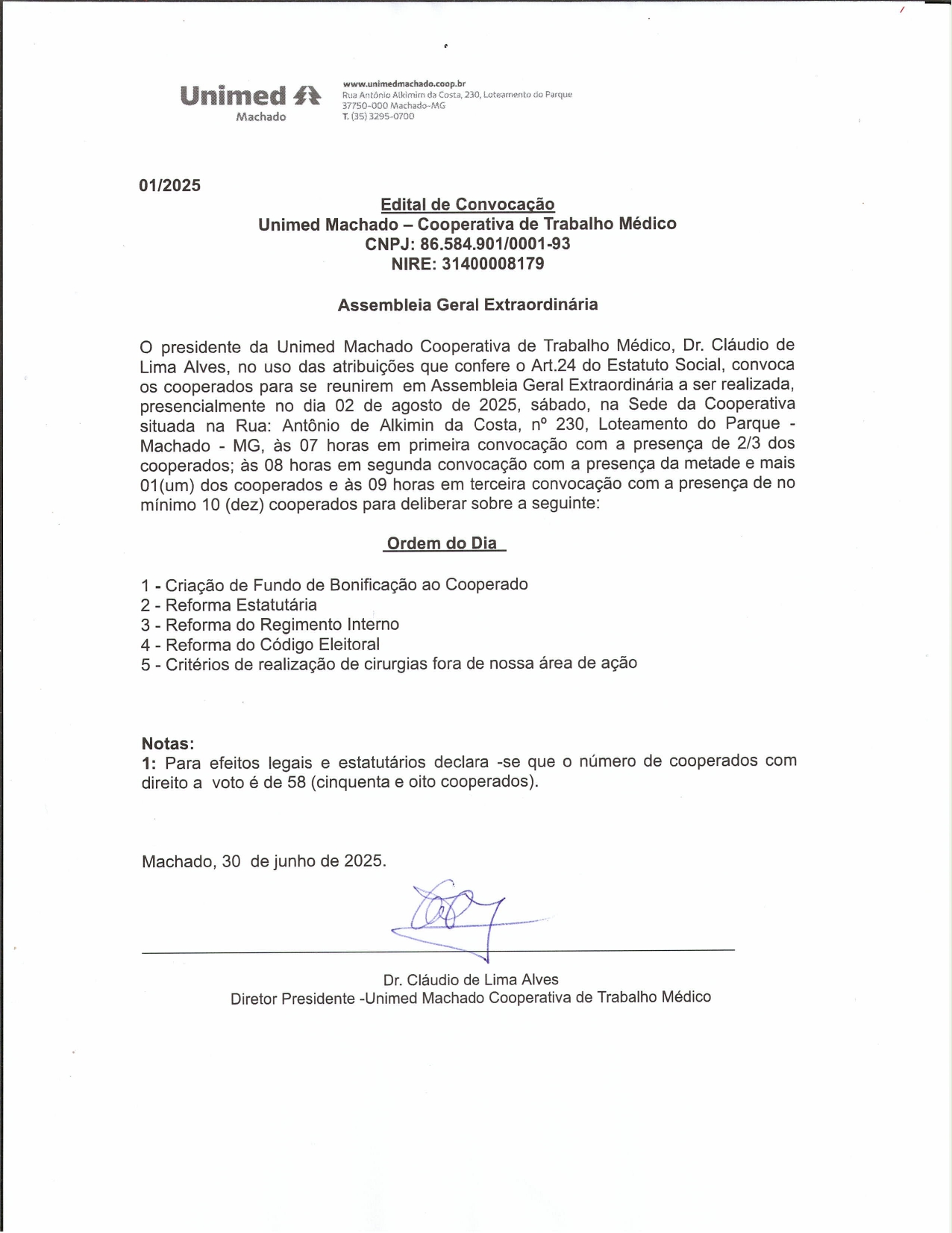 UNIMED/Machado divulga edital de convocação