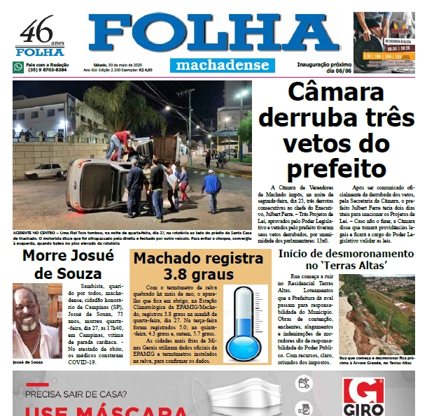 FOLHA MACHADENSE: CONFIRA EDIÇÃO DESTE SÁBADO, 30 DE MAIO, NAS BANCAS