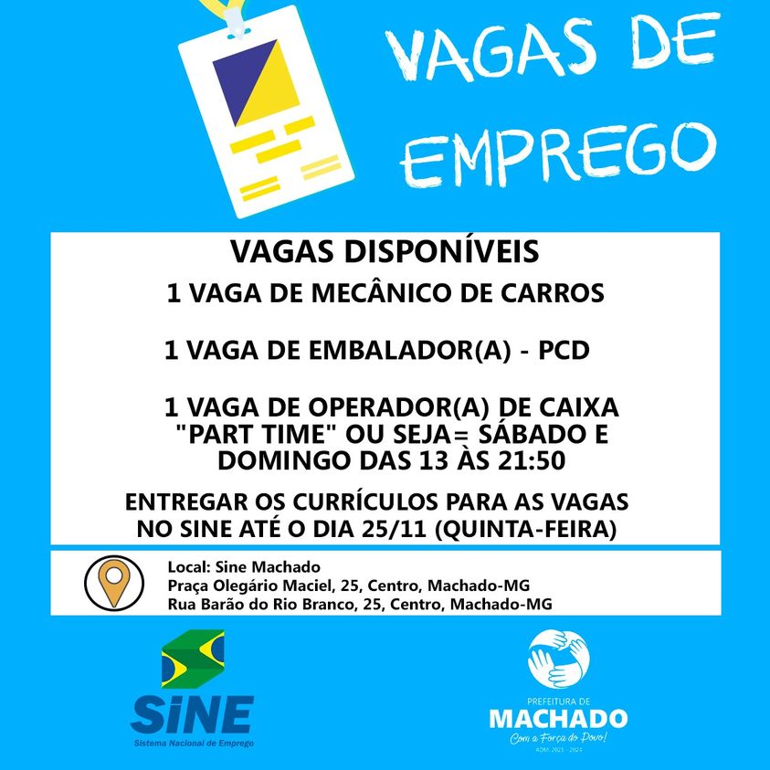 VAGAS DE EMPREGO NO SINE! Enviar currículo até o dia 25/11