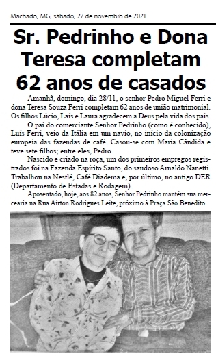 Recortes & Famílias: Senhor Pedrinho e Dona Teresa completam 62 anos de casados
