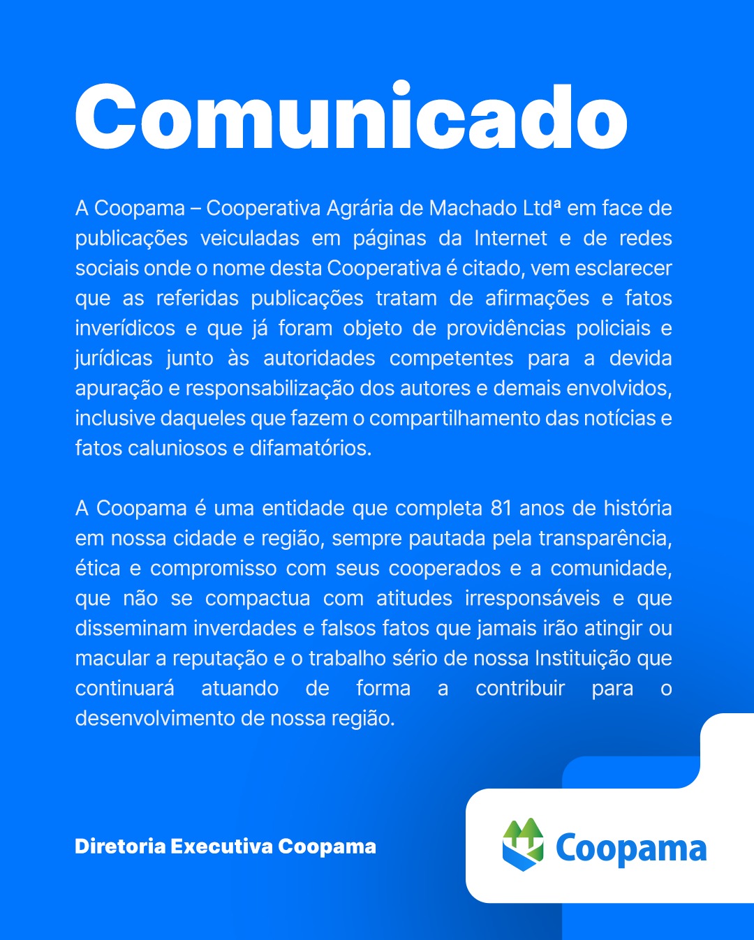 Coopama publica Comunicado à população