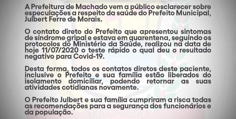 PREFEITURA DIVULGA NOTA INFORMANDO QUE PREFEITO ESTÁ LIBERADO DA QUARENTENA