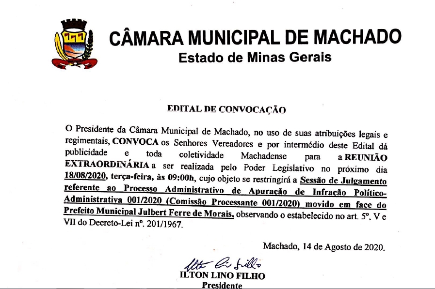 SESSÃO DE CASSAÇÃO DE PREFEITO ESTÁ AGENDADA PARA 3ª FEIRA, DIA 18