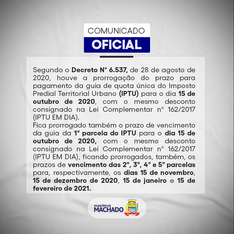 PREFEITURA PRORROGA PAGAMENTO DE PARCELAS DO IPTU