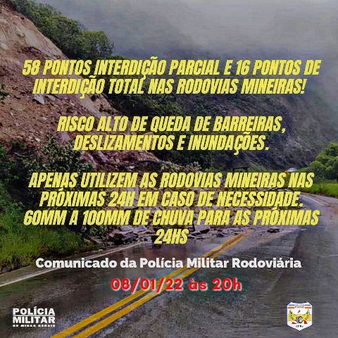 Defensa Civil e Governo de Minas Gerais mantêm alerta sobre risco nas estradas