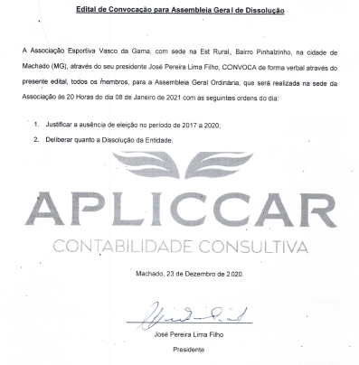EDITAL DE CONVOCAÇÃO: Associação Esportiva Vasco da Gama (Machado)