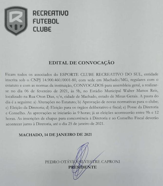 RECREATIVO DO SUL PUBLICA EDITAL DE CONVOCAÇÃO