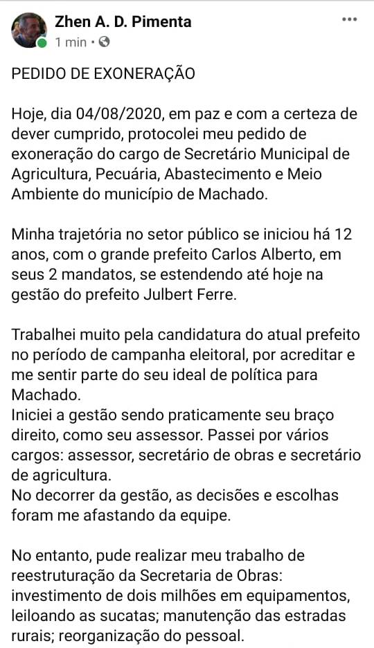SECRETÁRIO DE AGRICULTURA PEDE EXONERAÇÃO. "NÃO ME SINTO MAIS PARTE"