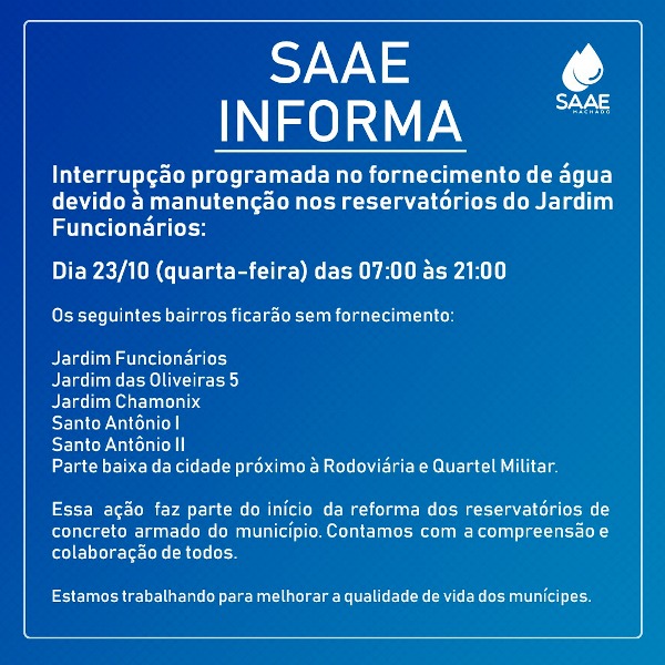 REFORMA DE RESERVATÓRIO PROVOCARÁ FALTA D' ÁGUA