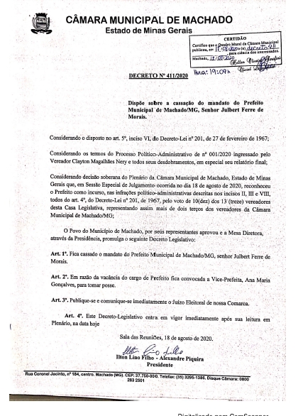 CASSAÇÃO: CÂMARA IRÁ COMUNICAR JUSTIÇA ELEITORAL DA VACÂNCIA DO CARGO