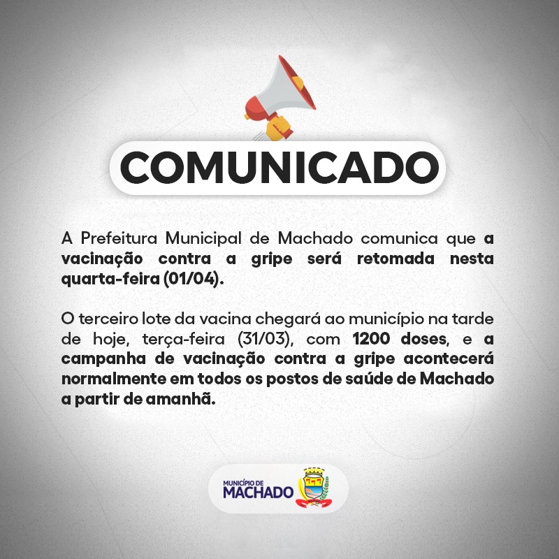 VACINAÇÃO CONTRA A GRIPE SERÁ RETOMADA NESTA QUARTA-FEIRA, DIA 1º