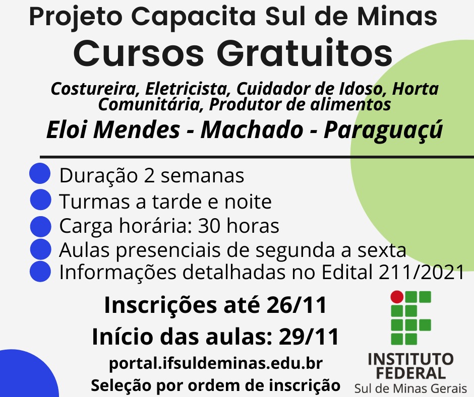 Cursos gratuitos no Instituto Federal/campus Machado têm inscrições até o dia 26/11
