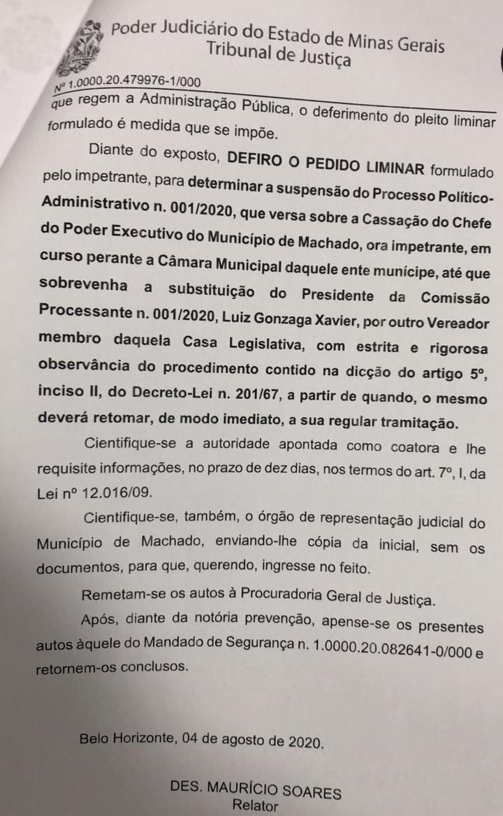 TJMG DETERMINA SUBSTITUIÇÃO DO PRESIDENTE DA COMISSÃO PROCESSANTE