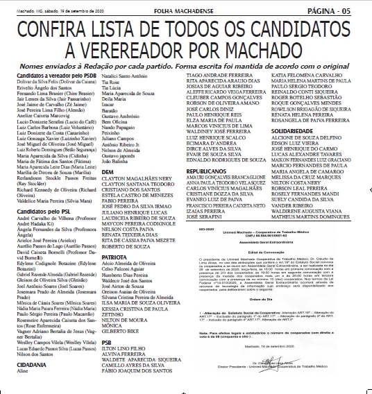 CONFIRA A RELAÇÃO DOS CANDIDATOS A VEREADOR POR MACHADO