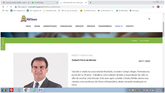 NO SITE DA PREFEITURA DE MACHADO, JULBERT FERRE CONTINUA A SER PREFEITO